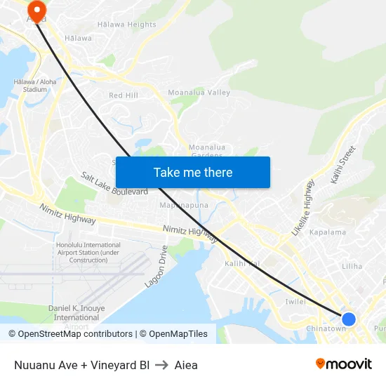 Nuuanu Ave + Vineyard Bl to Aiea map