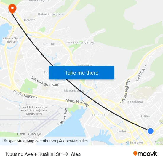 Nuuanu Ave + Kuakini St to Aiea map
