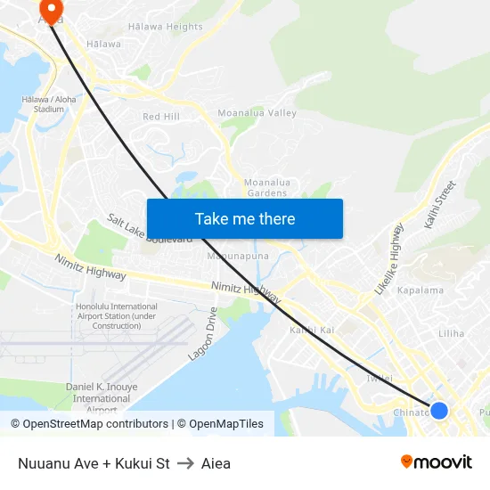 Nuuanu Ave + Kukui St to Aiea map