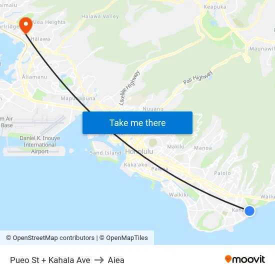Pueo St + Kahala Ave to Aiea map
