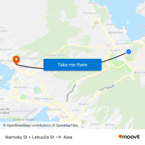 Namoku St + Lehuuila St to Aiea map