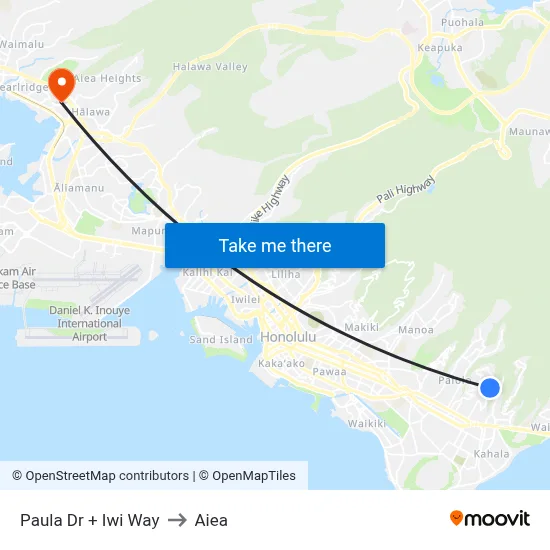 Paula Dr + Iwi Way to Aiea map