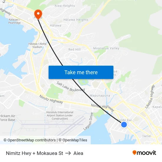 Nimitz Hwy + Mokauea St to Aiea map