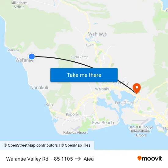 Waianae Valley Rd + 85-1105 to Aiea map