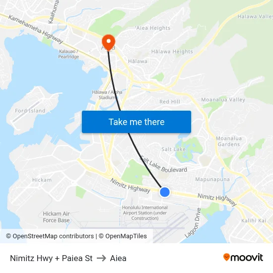 Nimitz Hwy + Paiea St to Aiea map
