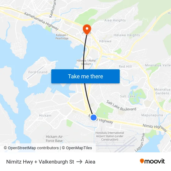 Nimitz Hwy + Valkenburgh St to Aiea map