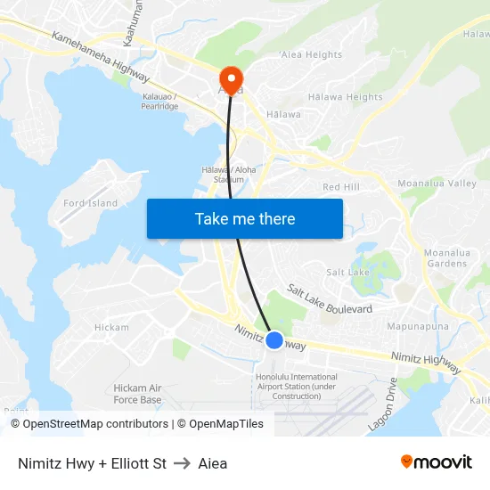 Nimitz Hwy + Elliott St to Aiea map