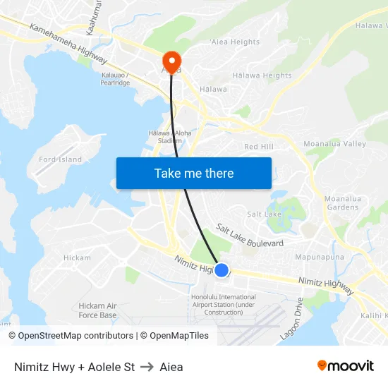 Nimitz Hwy + Aolele St to Aiea map