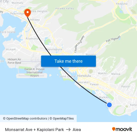 Monsarrat Ave + Kapiolani Park to Aiea map