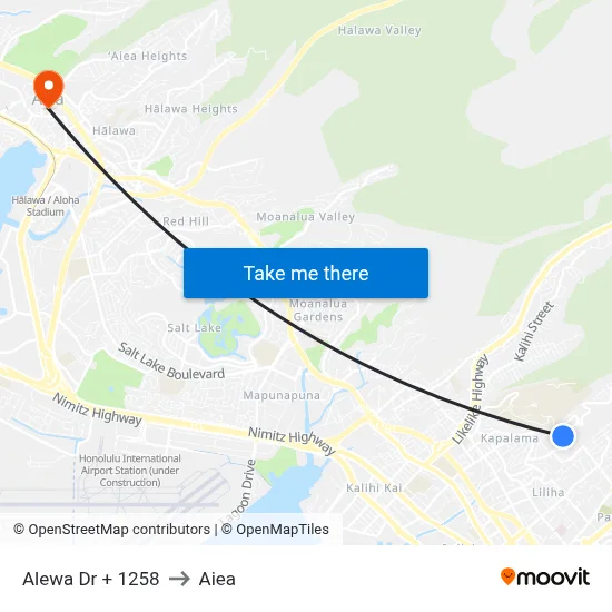 Alewa Dr + 1258 to Aiea map