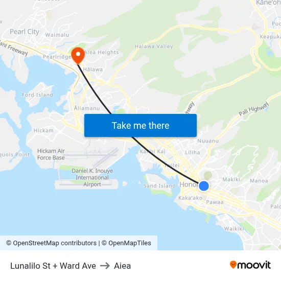 Lunalilo St + Ward Ave to Aiea map