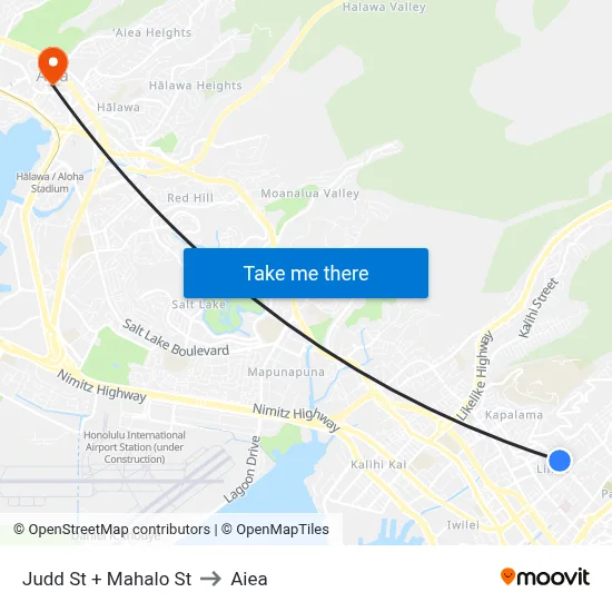 Judd St + Mahalo St to Aiea map