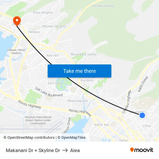 Makanani Dr + Skyline Dr to Aiea map
