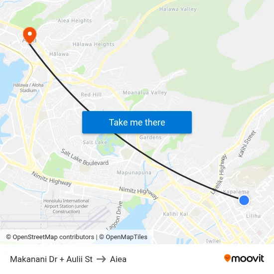 Makanani Dr + Aulii St to Aiea map