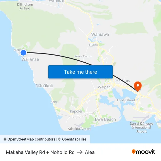 Makaha Valley Rd + Noholio Rd to Aiea map