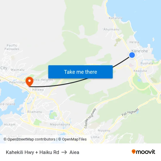 Kahekili Hwy + Haiku Rd to Aiea map