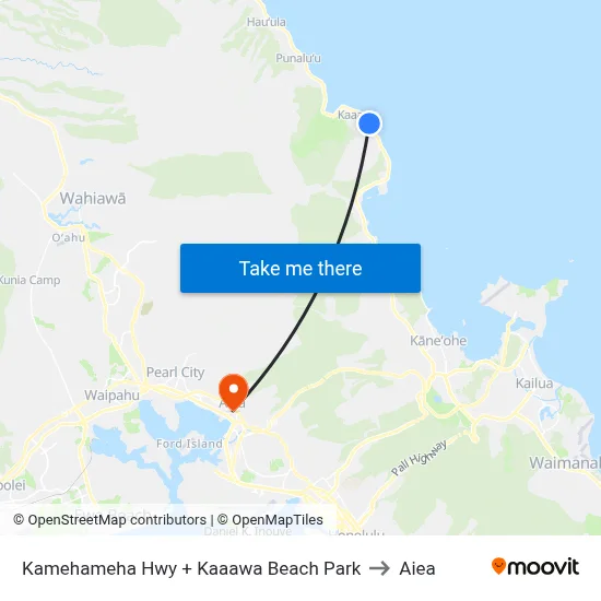 Kamehameha Hwy + Kaaawa Beach Park to Aiea map