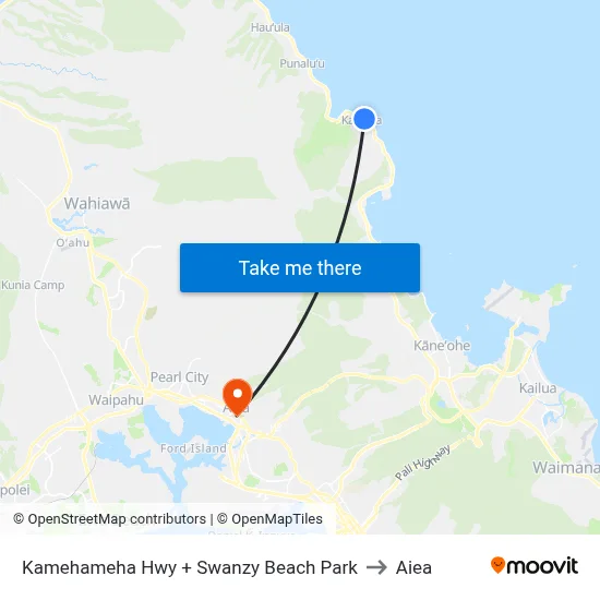 Kamehameha Hwy + Swanzy Beach Park to Aiea map