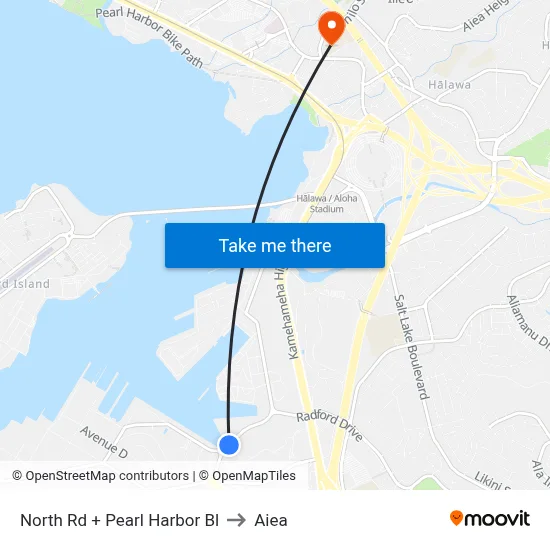 North Rd + Pearl Harbor Bl to Aiea map