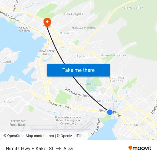 Nimitz Hwy + Kakoi St to Aiea map