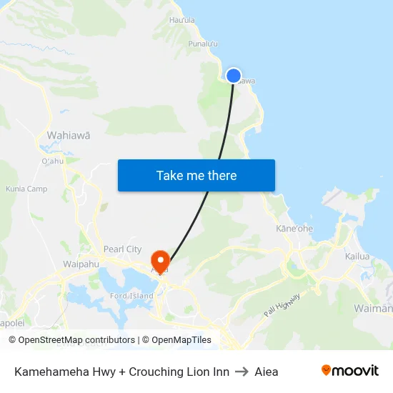 Kamehameha Hwy + Crouching Lion Inn to Aiea map