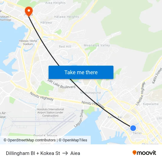 Dillingham Bl + Kokea St to Aiea map