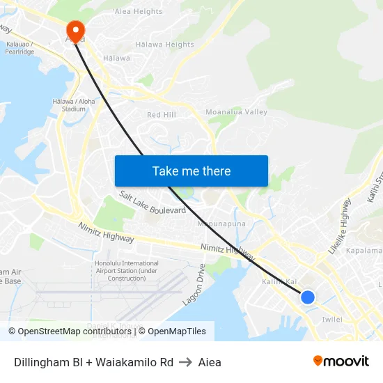 Dillingham Bl + Waiakamilo Rd to Aiea map