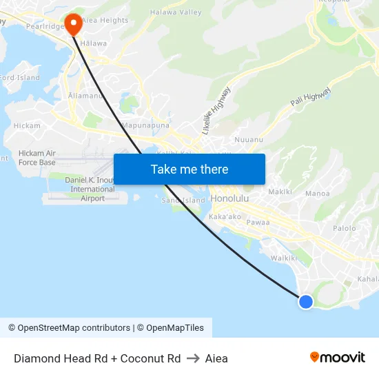 Diamond Head Rd + Coconut Rd to Aiea map