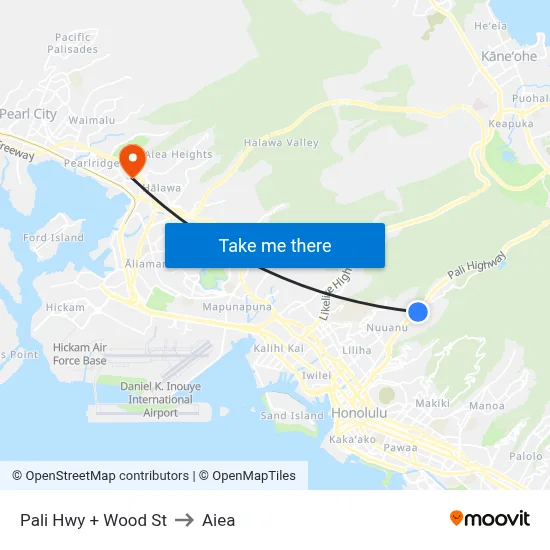 Pali Hwy + Wood St to Aiea map