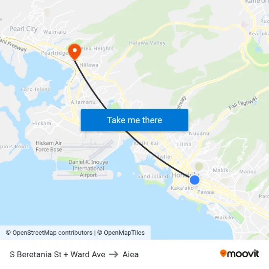 S Beretania St + Ward Ave to Aiea map
