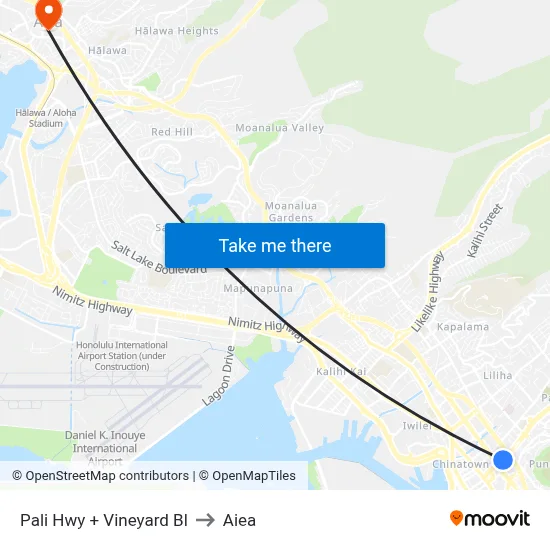 Pali Hwy + Vineyard Bl to Aiea map
