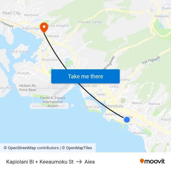 Kapiolani Bl + Keeaumoku St to Aiea map