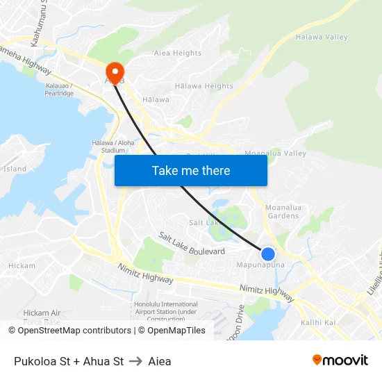 Pukoloa St + Ahua St to Aiea map