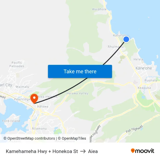 Kamehameha Hwy + Honekoa St to Aiea map