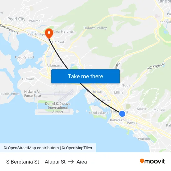 S Beretania St + Alapai St to Aiea map