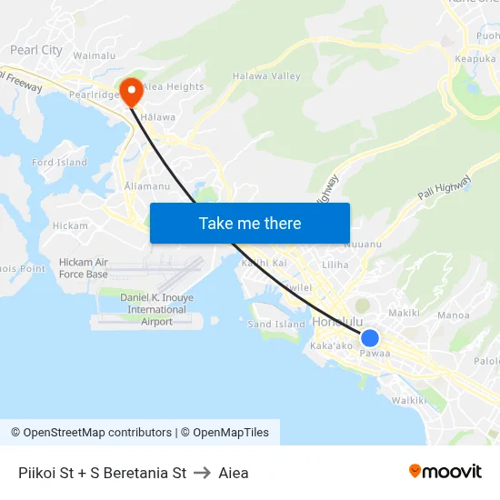 Piikoi St + S Beretania St to Aiea map
