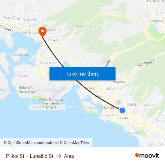 Piikoi St + Lunalilo St to Aiea map