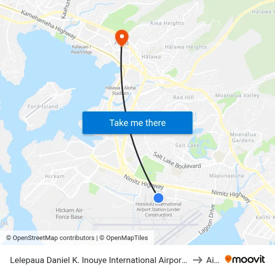 Lelepaua Daniel K. Inouye International Airport Station to Aiea map