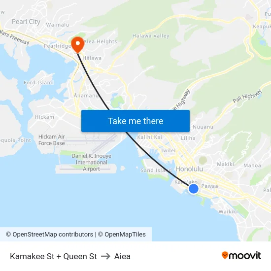 Kamakee St + Queen St to Aiea map