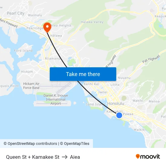 Queen St + Kamakee St to Aiea map