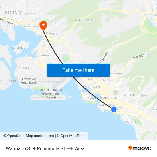 Waimanu St + Pensacola St to Aiea map