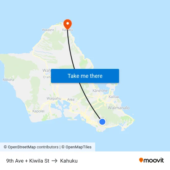 9th Ave + Kiwila St to Kahuku map