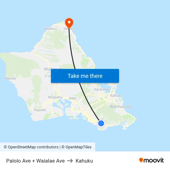 Palolo Ave + Waialae Ave to Kahuku map