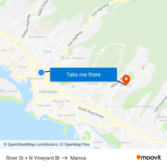 River St + N Vineyard Bl to Manoa map