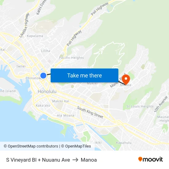 S Vineyard Bl + Nuuanu Ave to Manoa map