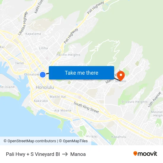 Pali Hwy + S Vineyard Bl to Manoa map