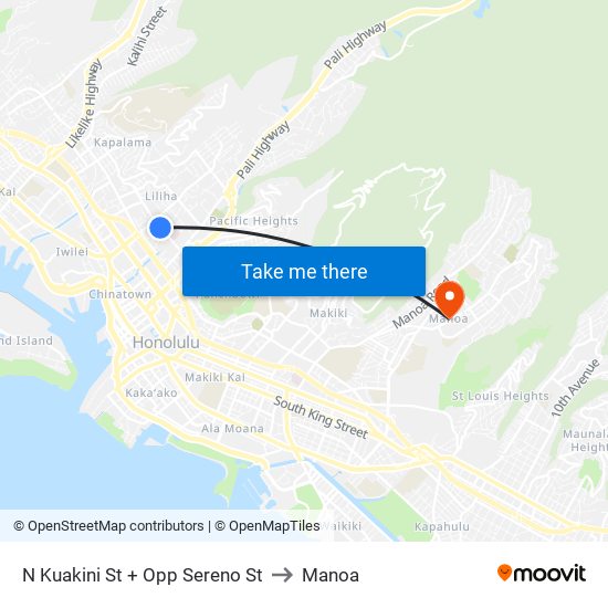 N Kuakini St + Opp Sereno St to Manoa map