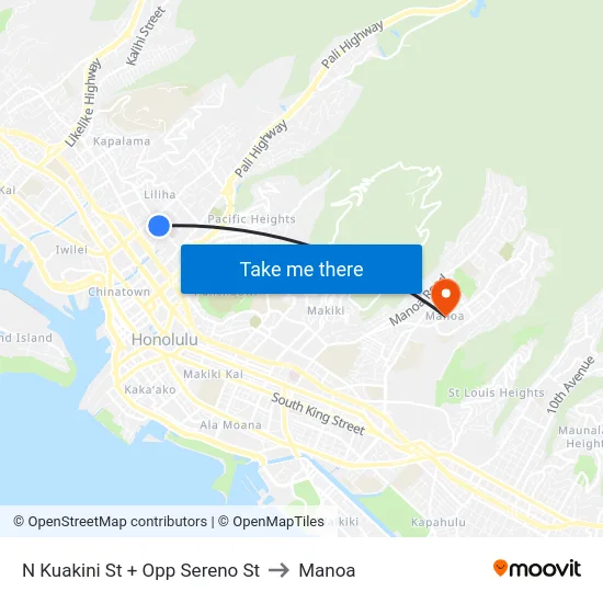 N Kuakini St + Opp Sereno St to Manoa map