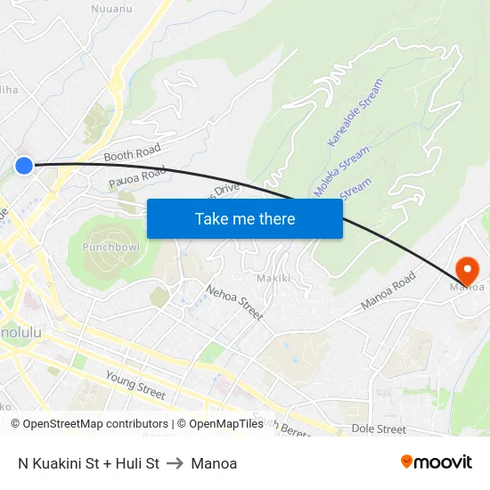 N Kuakini St + Huli St to Manoa map