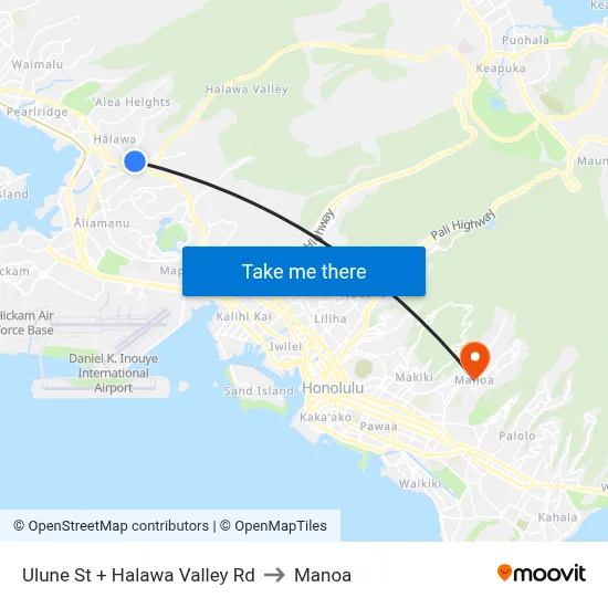 Ulune St + Halawa Valley Rd to Manoa map